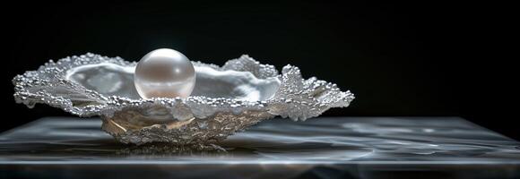 A pearl in a silver bowl on a table photo
