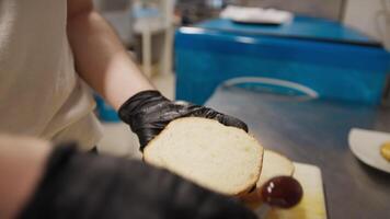 Chef Putting And Spreading Barbecue Sauce On The Burger Bread video