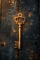 An old key on a wooden table with sparkles photo