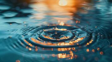 Raindrop on water with sun in background photo