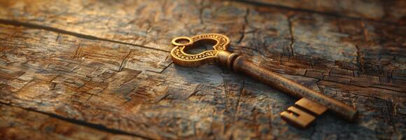 An old key on a wooden table photo