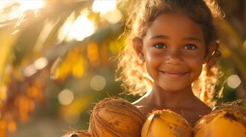A young girl holding a bunch of coconuts photo