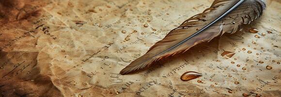 A feather laying on a piece of paper with water drops photo