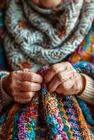Close up of an elderly woman knitting with a colorful scarf photo