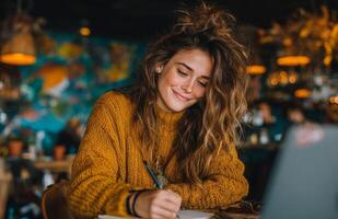 Smiling Woman Writing in Notebook at Cafe Table with Laptop photo