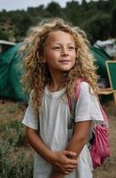 A young girl with curly hair standing in front of a tent photo