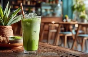 Iced Matcha Latte with Straw on Wooden Table in Cafe photo
