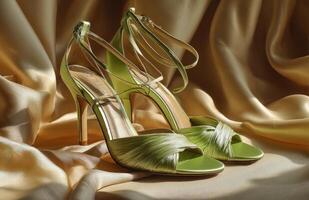 Elegant Light Green Satin Heels on Silk Fabric photo