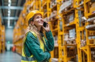 Smiling Female Warehouse Worker in Helmet and Safety Vest Using Mobile Phone photo