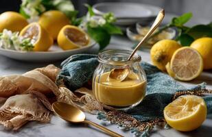 Creamy Lemon Vinaigrette in Jar with Sliced Lemons Beside photo