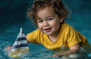 A young boy in a yellow shirt playing with a toy boat photo