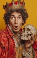 Renaissance Man in Crown Holding Skull, Shocked Expression photo