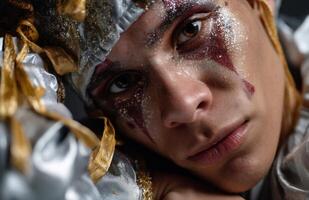 Portrait of a young jester with glitter and sequins, wearing silver and gold costume photo