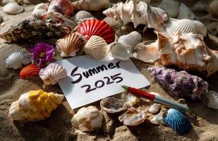 White Blank Paper on Beach with Summer 2025 Marker Writing photo