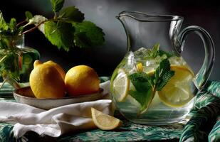 Fresh lemonade in a glass pitcher with mint and lemon slices photo