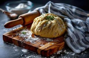 Dough for Pie on Olive Wood Board, Striped Towel, Concrete Background, Top View photo