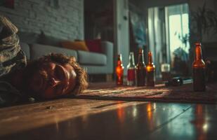 borracho hombre acostado en el piso con vacío cerveza botellas en el vivo habitación foto