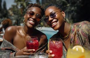 Two Young Black Women Toasting at Summer Pool Party photo