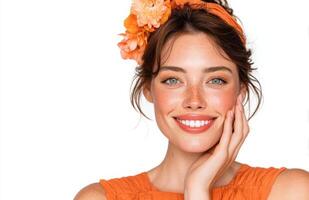 Beautiful smiling woman in orange dress with floral accessory photo