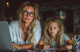 Mother and Daughter Doing Homework and Working Together photo