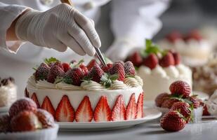 Culinary chef decorating cake with strawberries in white gloves on a table photo