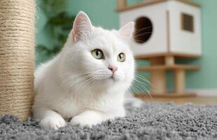 White cat on gray carpet near scratching tower photo