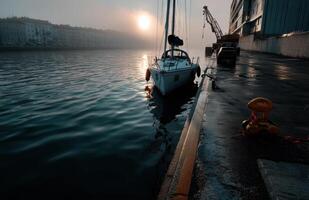 Sailboat Docked at Sunrise with Crane Silhouette and Foggy Atmosphere photo