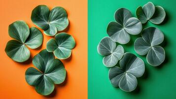 Clover Leaf Arrangement on Orange and Green Background photo