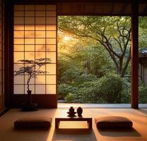 A japanese room with a window and a tree photo