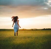 A woman running in a field at sunset photo