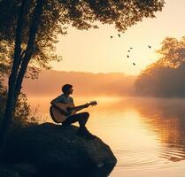 A man sitting on a rock with an acoustic guitar playing photo