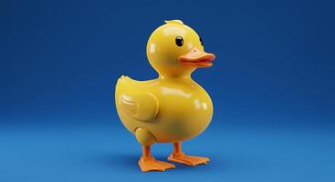 A yellow duck toy standing on a blue background photo