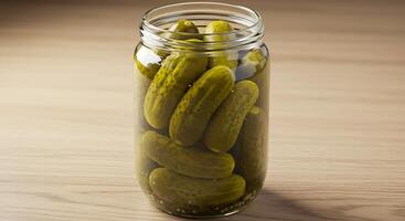 A jar filled with pickles sitting on a table photo