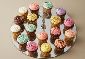 A silver platter with many cupcakes on it photo