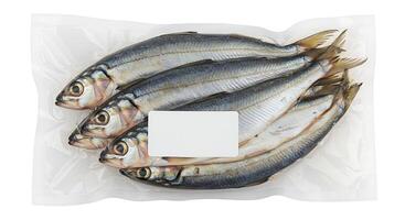 Fresh sardines in plastic bag with white label photo