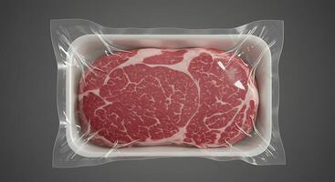 A piece of meat in a plastic container on a gray background photo