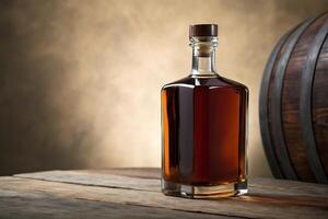 A bottle of whiskey sits on a wooden table next to a barrel photo