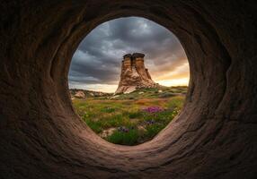 A view of a rock formation through a hole in the ground photo