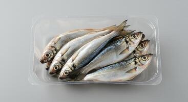 Fresh sardines in plastic container on white background photo