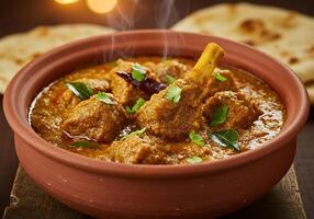 A bowl of curry with meat and bread on a table photo