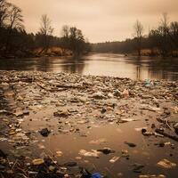 A river with trash and debris floating in it photo