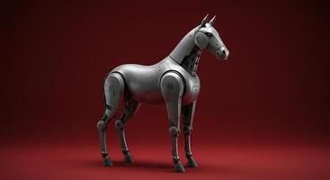 A robot horse standing on a red background photo