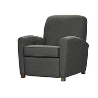 Gray fabric upholstered recliner chair with wooden legs on white background photo