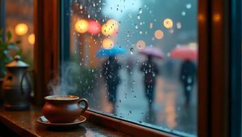 Cozy indoor monsoon ambiance, rain streaked window, a handmade clay cup of steaming chai on the sill. photo