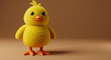 A yellow toy chicken standing on a brown background photo