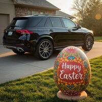 A black suv parked in front of a house with a happy easter sign photo