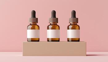 Blank yellow transparent serum bottle mockup pipette with white label on podium stage and pink background photo