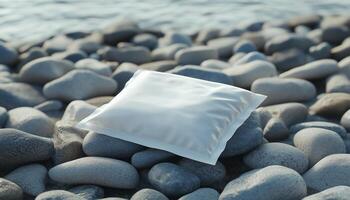 White food plastic bag snack mockup identity brand on rock beach for promotion product photo