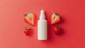 Fresh strawberry fruit extract on tube cream mockup container red background photo