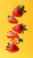 Strawberries floating each vertical for wallpaper background fruit theme on yellow background photo